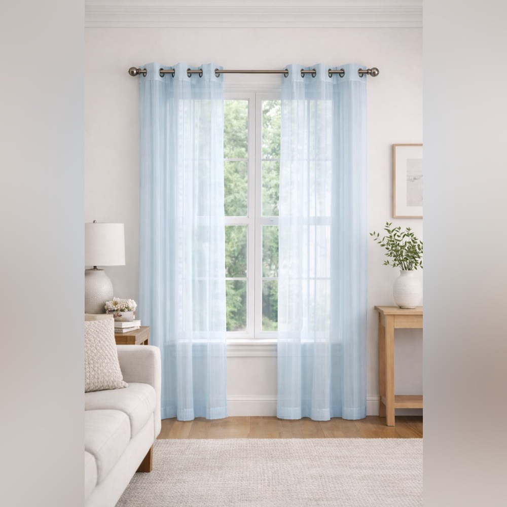 White Striped Curtain Panel with Grommets.  63L x 40W. Set of 2